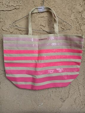 Victoria's Secret Sequin Stripe Tote Bag Cream Ombre Pink Weekender